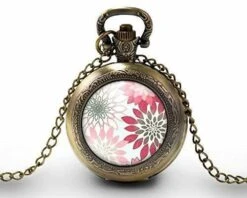 Montre à Gousset, Sautoir Illustré - Fleur -fleurs Roses- Cadeau De Noël Femme - Anniversaire De Femme - Saint Valentin - Bronze (ref.9)