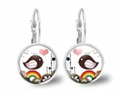 Boucles D'oreilles Cabochon, Petites Boucles D'oreilles Illustrées, -pluie De Coeurs-, Cadeau De Noël Femme- Saint Valentin - Antiquité