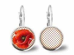 Boucles D'oreilles Cabochon -joli Coquelicot- Femme Cadeau De Noël - Anniversaire Femme - Saint Valentin - Argent Antique (ref.89a)