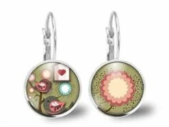 Boucles D'oreilles Cabochon Oiseau -oiseaux Amoureux- Cadeau De Noël Femme - Anniversaire Femme - Saint Valentin - Argent Antique(ref.48a)