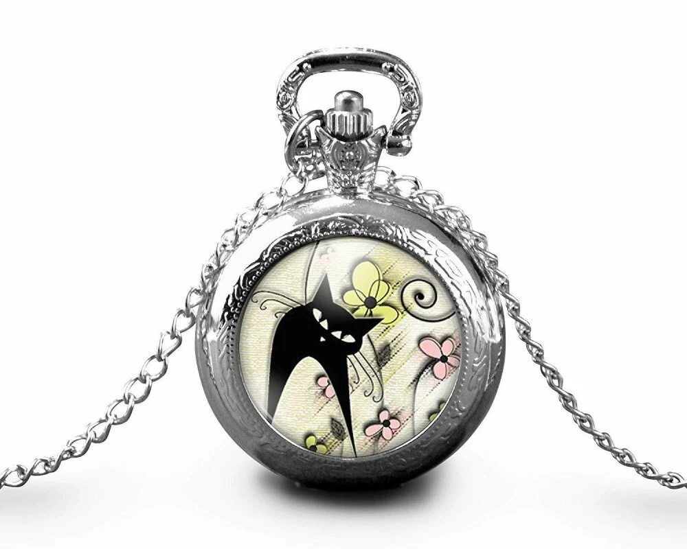 Montre à Gousset, Sautoir Illustré -le Chat Du Printemps-, Femme, Cadeau De Noël - Anniversaire Femme - Saint Valentin - Argent (ref.71-2a) 2 Montre à Gousset, Sautoir Illustré -le Chat Du Printemps-, Femme, Cadeau De Noël - Anniversaire Femme - Saint Valentin - Argent (ref.71-2a) – Image 2