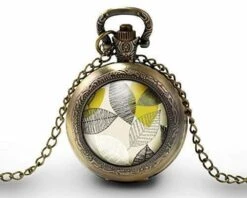 Montre à Gousset, Sautoir Illustré-feuille-fleurs Jaunes Et Grises-cadeau De Noël Femme-anniversaire De Femme-saint Valentin-bronze(ref.23)