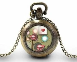 Montre à Gousset, Sautoir Illustré -oiseau -oiseaux Amoureux- Cadeau De Noël Femme - Anniversaire Femme - Saint Valentin - Bronze (ref.48)