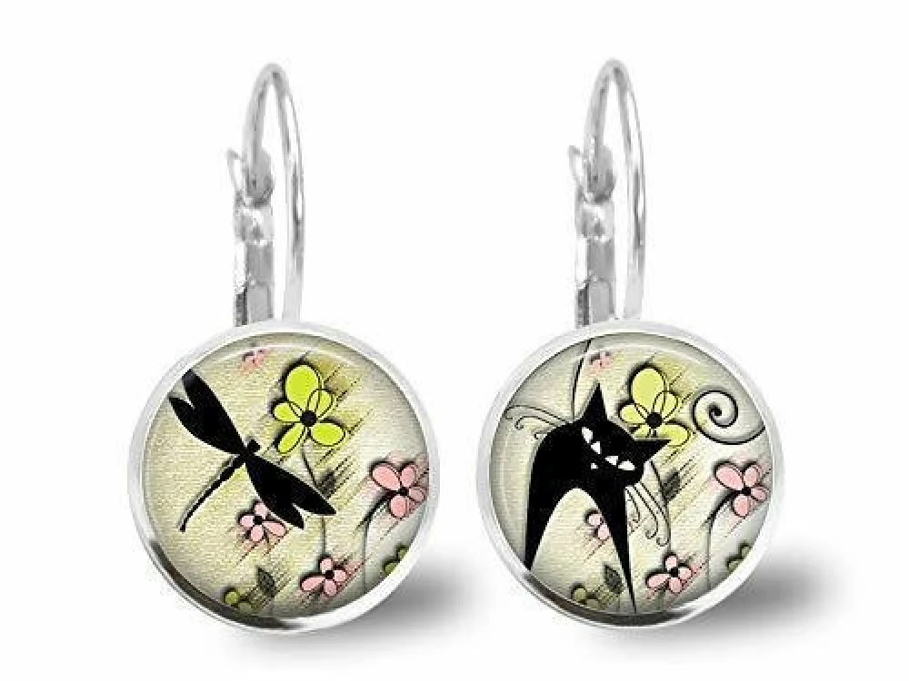 Boucles D'oreilles Cabochon, Boucles D'oreilles -le Chat Du Printemps-, Femme, Cadeau De Noël - Saint Valentin - Argent Antique (ref. 1 Boucles D'oreilles Cabochon, Boucles D'oreilles -le Chat Du Printemps-, Femme, Cadeau De Noël - Saint Valentin - Argent Antique (ref.