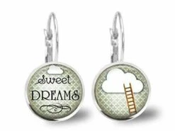 Boucles D'oreilles Cabochon -fais De Beaux Rêves-, Femme, Cadeau De Noël - Anniversaire Femme - Saint Valentin - Argent Antique (ref.76a)