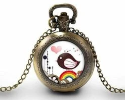 Montre à Gousset, Sautoir Illustré Petite Fille,-pluie De Coeurs-,cadeau De Noël Femme-anniversaire Femme-saint Valentin - Bronze (ref.84-1)