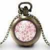 Montre à Gousset, Sautoir Illustré - Fleurs -liberty Rose- Cadeau De Noël Femme - Anniversaire De Femme - Saint Valentin - Bronze (ref.12)