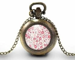 Montre à Gousset, Sautoir Illustré - Fleurs -liberty Rose- Cadeau De Noël Femme - Anniversaire De Femme - Saint Valentin - Bronze (ref.12)