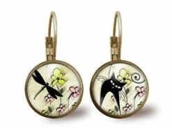 Boucles D'oreilles Cabochon, Boucles D'oreilles -le Chat Du Printemps-, Femme, Cadeau De Noël - Anniversaire Femme - Bronze (ref.71-2)