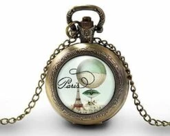 Montre à Gousset, Sautoir Illustré -paris Souvenir-, Femme Cadeau De Noël - Anniversaire Femme - Saint Valentin - Bronze (ref.98)