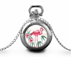 Montre à Gousset, Sautoir Illustré -le Flamant- Cadeau De Noël Femme - Anniversaire De Femme - Saint Valentin - Argent (ref.6a)