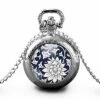 Montre à Gousset, Sautoir Illustré Fleurs Collier -fleurs Bleues-,femme,cadeau De Noël-anniversaire Femme -saint Valentin - Argent (ref.57a)