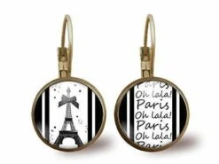 Boucles D'oreilles Cabochon -paris-, Femme, Cadeau De Noël - Anniversaire Femme - Saint Valentin - Bronze (ref.90)