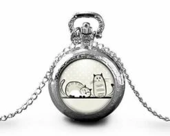 Montre à Gousset, Sautoir Illustré -les Deux Chats-, Femme Cadeau De Noël - Anniversaire Femme - Saint Valentin - Argent (ref.77a)