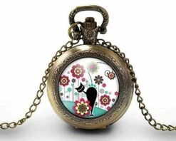 Montre à Gousset, Sautoir Illustré-chat,fleur-le Chat Dans Le Pré-femme, Cadeau De Noël-anniversaire Femme-saint Valentin - Bronze (ref.30)