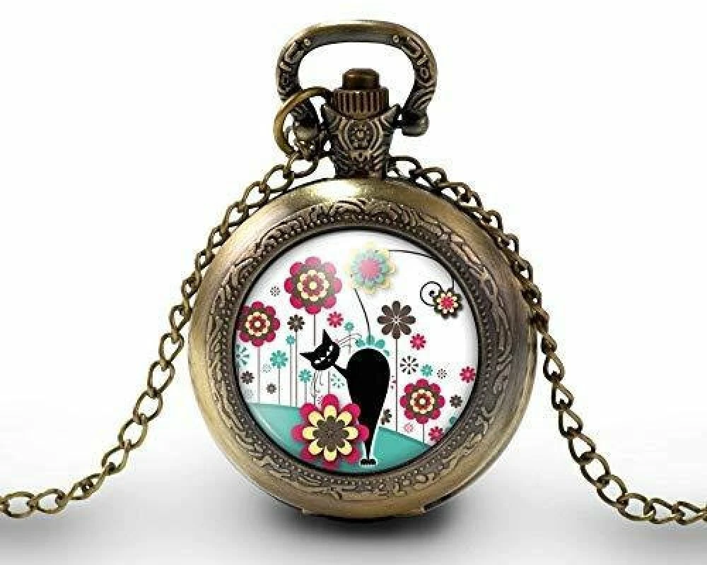 Montre à Gousset, Sautoir Illustré-chat,fleur-le Chat Dans Le Pré-femme, Cadeau De Noël-anniversaire Femme-saint Valentin - Bronze (ref.30) 1 Montre à Gousset, Sautoir Illustré-chat,fleur-le Chat Dans Le Pré-femme, Cadeau De Noël-anniversaire Femme-saint Valentin - Bronze (ref.30)