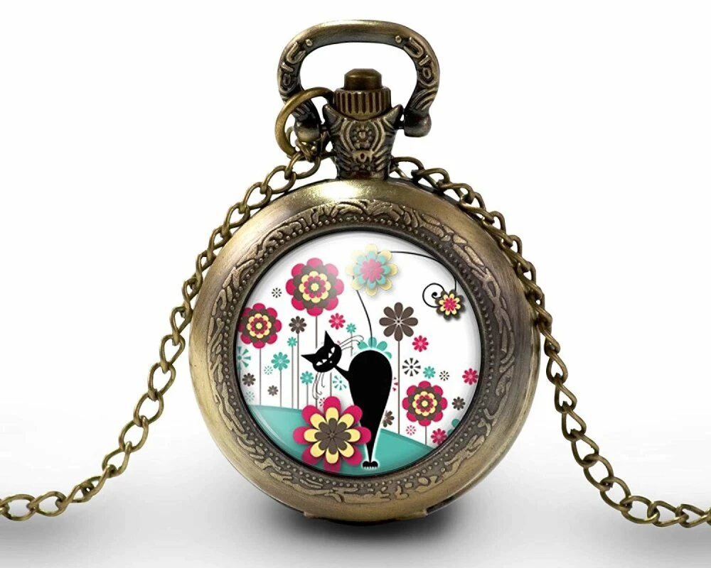 Montre à Gousset, Sautoir Illustré-chat,fleur-le Chat Dans Le Pré-femme, Cadeau De Noël-anniversaire Femme-saint Valentin - Bronze (ref.30) 2 Montre à Gousset, Sautoir Illustré-chat,fleur-le Chat Dans Le Pré-femme, Cadeau De Noël-anniversaire Femme-saint Valentin - Bronze (ref.30) – Image 2