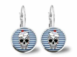 Boucles D'oreilles Cabochon -le Pirate-, Cadeau De Noël Femme - Anniversaire Femme - Saint Valentin - Argent Antique (ref.94a)