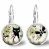 Boucles D'oreilles Cabochon -le Chat Du Printemps-, Cadeau De Noël Femme - Anniversaire Femme - Saint Valentin - Argent Antique (ref.71-1a)