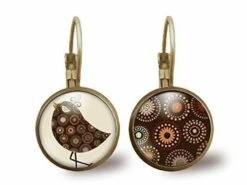 Boucles D'oreilles Cabochon -l'oiseau Chic-, Parure, Cadeau De Noël, Cadeau Femme, Cadeau Saint Valentin, Idée Cadeau, Bronze (ref.86)