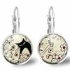 Boucles D'oreilles Chat Cabochon, Fleur -le Chat Paysan- Cadeau De Noël Femme - Anniversaire Femme -saint Valentin-argent Antique(ref.32a)