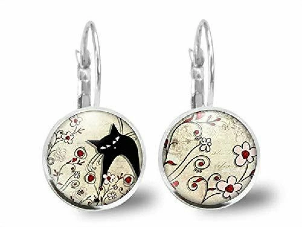 Boucles D'oreilles Chat Cabochon, Fleur -le Chat Paysan- Cadeau De Noël Femme - Anniversaire Femme -saint Valentin-argent Antique(ref.32a) 1 Boucles D'oreilles Chat Cabochon, Fleur -le Chat Paysan- Cadeau De Noël Femme - Anniversaire Femme -saint Valentin-argent Antique(ref.32a)