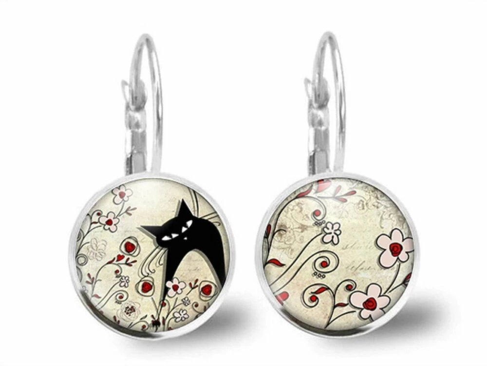 Boucles D'oreilles Chat Cabochon, Fleur -le Chat Paysan- Cadeau De Noël Femme - Anniversaire Femme -saint Valentin-argent Antique(ref.32a) 2 Boucles D'oreilles Chat Cabochon, Fleur -le Chat Paysan- Cadeau De Noël Femme - Anniversaire Femme -saint Valentin-argent Antique(ref.32a) – Image 2