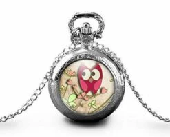 Montre à Gousset, Sautoir Illustré Chouette -la Chouette Rose-,cadeau De Noël Femme - Anniversaire Femme - Saint Valentin - Argent (ref.80a)