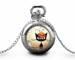 Montre à Gousset, Sautoir Illustré-chat -le Chat Au Chapeau- Cadeau De Noël Femme - Anniversaire Femme - Saint Valentin - Argent (ref.29a)