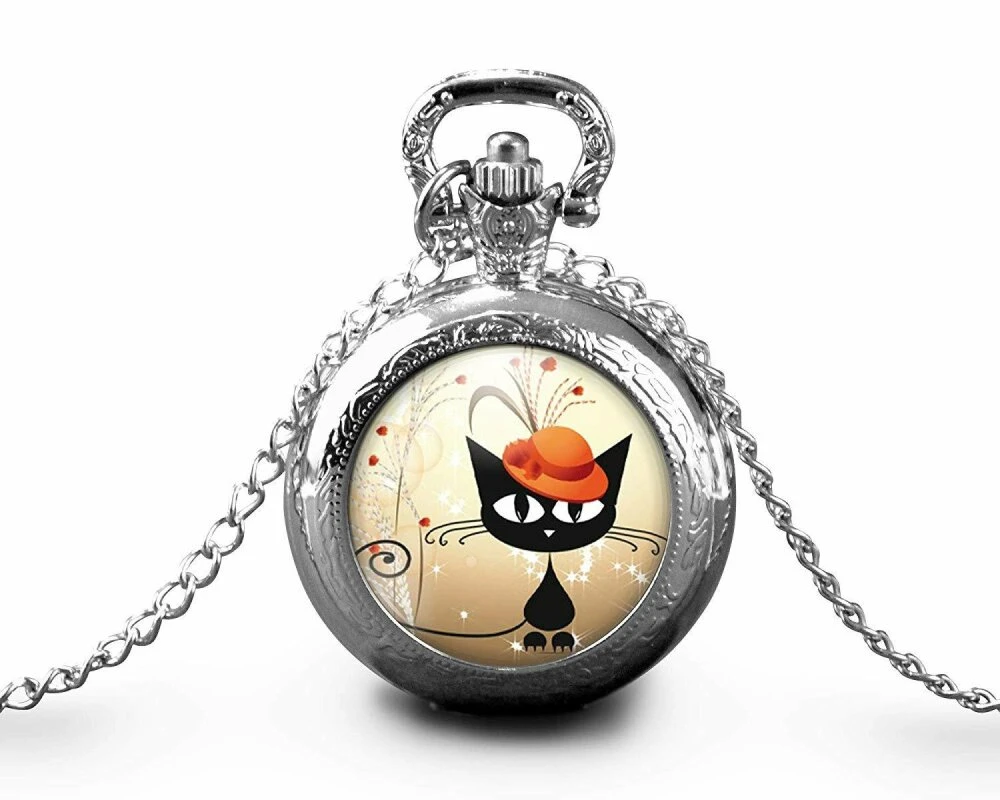 Montre à Gousset, Sautoir Illustré-chat -le Chat Au Chapeau- Cadeau De Noël Femme - Anniversaire Femme - Saint Valentin - Argent (ref.29a) 2 Montre à Gousset, Sautoir Illustré-chat -le Chat Au Chapeau- Cadeau De Noël Femme - Anniversaire Femme - Saint Valentin - Argent (ref.29a) – Image 2