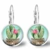 Boucles D'oreilles Cabochon -le Cactus-, Cadeau De Noël Femme - Anniversaire Femme - Saint Valentin - Argent Antique (ref.63a)