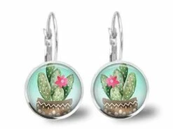 Boucles D'oreilles Cabochon -le Cactus-, Cadeau De Noël Femme - Anniversaire Femme - Saint Valentin - Argent Antique (ref.63a)