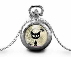 Montre à Gousset, Sautoir Illustré - Chat -le Chaton- Cadeau De Noël Femme - Anniversaire De Femme - Saint Valentin - Argent (ref.31a) Fba