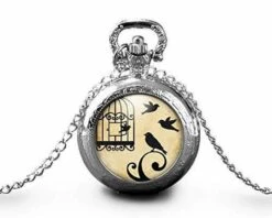 Montre à Gousset, Sautoir Illustré,oiseau,cage -ouvre La Cage-cadeau De Noël Femme - Anniversaire Femme - Saint Valentin - Argent (ref.42a)