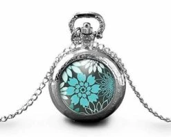 Montre à Gousset, Sautoir Illustré -fleur -les Fleurs Vertes- Cadeau De Noël Femme - Anniversaire Femme - Saint Valentin - Argent (ref.7a)