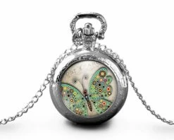Montre à Gousset, Sautoir Illustré Papillons-la Carte Postale-parure,cadeau De Noël,cadeau Femme,cadeau De La Saint-valentin,argent