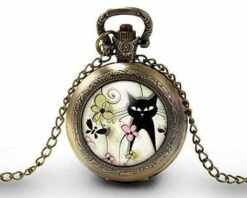 Montre à Gousset, Sautoir Illustré -le Chat Du Printemps-, Femme, Cadeau De Noël - Anniversaire Femme - Saint Valentin - Bronze (ref.71-1)