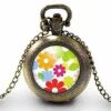 Montre à Gousset, Sautoir Illustré -fleurs Colorées-, Femme Cadeau De Noël - Femme Anniversaire - Saint Valentin - Bronze (ref.68)