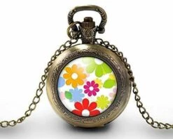 Montre à Gousset, Sautoir Illustré -fleurs Colorées-, Femme Cadeau De Noël - Femme Anniversaire - Saint Valentin - Bronze (ref.68)