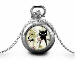 Montre à Gousset, Sautoir Illustré -le Chat Du Printemps-, Femme, Cadeau De Noël - Anniversaire Femme - Saint Valentin - Argent (ref.71-1a)