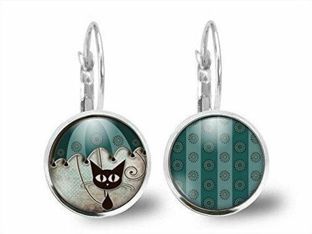 Cabochon Boucles D'oreilles -le Chat Avec Le Parapluie- Femme Cadeau De Noël - Saint Valentin 1 Cabochon Boucles D'oreilles -le Chat Avec Le Parapluie- Femme Cadeau De Noël - Saint Valentin