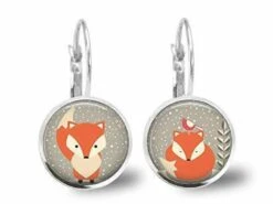 Boucles D'oreilles Cabochon, Boucles D'oreilles Illustrées -renard-, Cadeau De Noël Femme - Saint Valentin - Argent Antique (ref.96a) Fbm