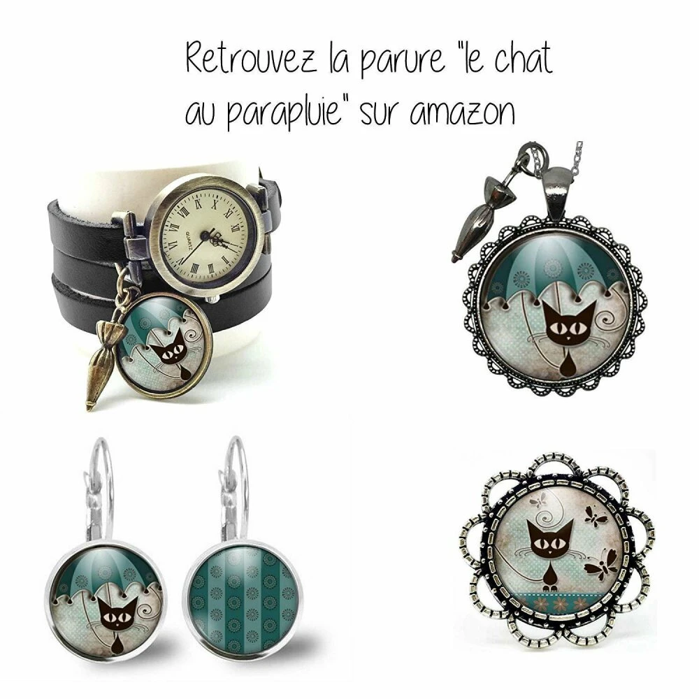 Boucles D'oreilles Chat Cabochon -le Chat Au Parapluie- Cadeau De Noël Femme -anniversaire Femme-saint Valentin-argent Antique(ref.2a) Fba 2 Boucles D'oreilles Chat Cabochon -le Chat Au Parapluie- Cadeau De Noël Femme -anniversaire Femme-saint Valentin-argent Antique(ref.2a) Fba – Image 2