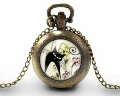 Montre à Gousset, Sautoir Illustré -le Chat Du Printemps-, Femme, Cadeau De Noël - Anniversaire Femme - Saint Valentin - Bronze (ref.71-2)