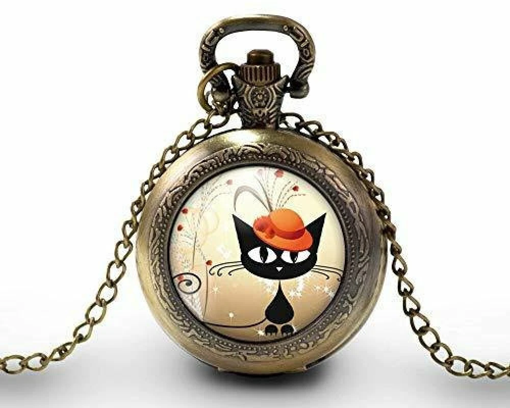 Montre à Gousset, Sautoir Illustré- Chat -le Chat Au Chapeau- Cadeau De Noël Femme - Anniversaire Femme - Saint Valentin - Bronze (ref.29) 1 Montre à Gousset, Sautoir Illustré- Chat -le Chat Au Chapeau- Cadeau De Noël Femme - Anniversaire Femme - Saint Valentin - Bronze (ref.29)