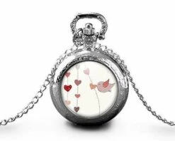 Montre à Gousset, Sautoir Illustré Collier Oiseau -l'oiseau-, Cadeau De Noël Femme - Anniversaire Femme - Saint Valentin - Argent (ref.84a)