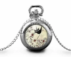 Montre à Gousset,sautoir Illustré-chat,fleur -le Chat Du Pays-cadeau De Noël Femme - Anniversaire Femme - Saint Valentin - Argent (ref.32a)