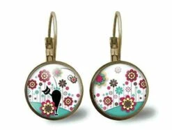 Boucles D'oreilles Cabochon -le Chat Dans Le Pré- Femme Cadeau De Noël - Saint Valentin - Cadeau D'anniversaire (ref.30)
