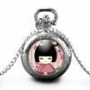 Montre à Gousset, Sautoir Illustré, Kokeshi -kokeshi Rose- Cadeau De Noël Femme - Anniversaire Femme - Saint Valentin - Argent (ref.38a)
