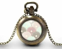 Montre à Gousset, Sautoir Illustré-fleurs -fleurs Japonaises- Cadeau De Noël Femme - Anniversaire Femme - Saint Valentin - Bronze (ref.16)